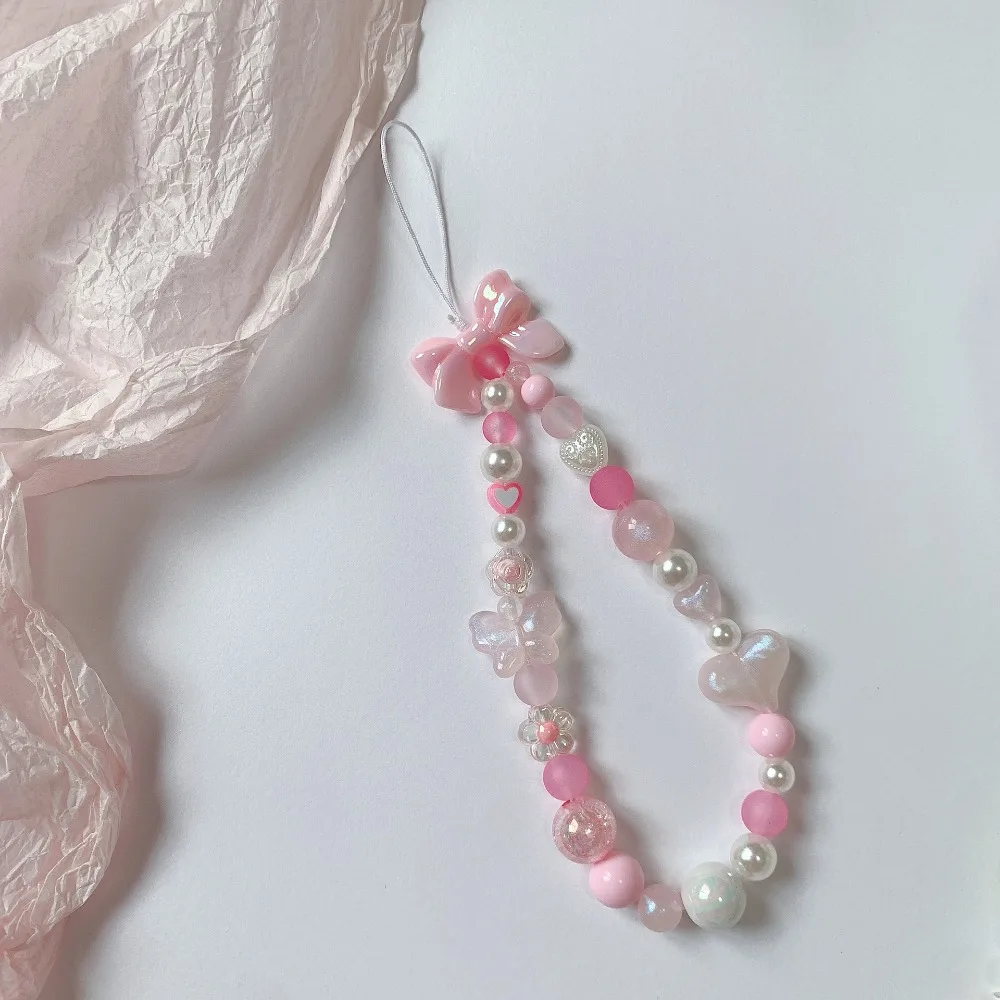 Bow Heart Beaded Bracelet Colorful Lanyard Flower Butterfly Phone Charm Pearl Mobile Phone Wrist Strap Acrylic Anti-Lost Chains