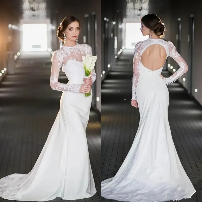 

Classic mermaid romantic long sleeve wedding dress sexy halter bridal dress application court train beach bridal dress 2024 new