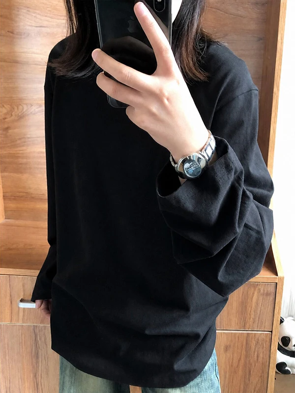 Loose Long Sleeve Black T-Shirt Women's Basic Style Comfortable Cotton Autumn Top Korean Style Commute Fashion Binaifish Brand
