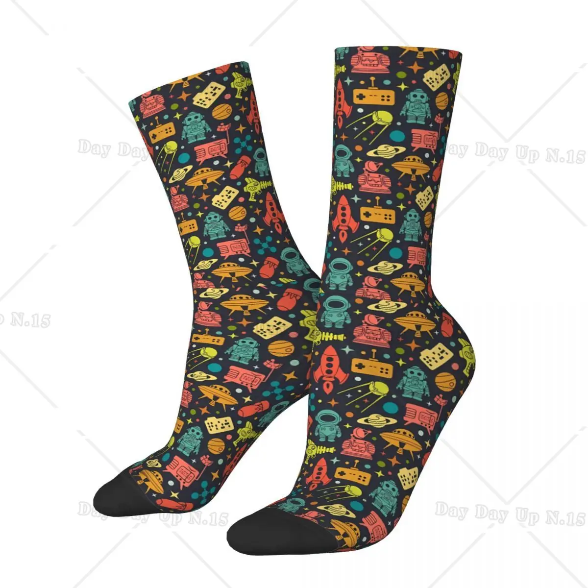 Sci-fi Robots And Space Alien And UFO Pattern Socks Male Mens Women Autumn Stockings Harajuku