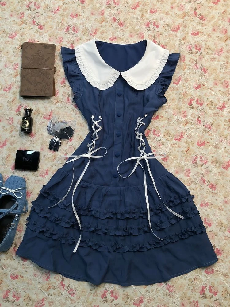 

Летнее французское винтажное элегантное мини-платье для женщин, милое платье с кружевной шнуровкой, плиссированное, шикарное, в корейском стиле, популярная женская одежда.