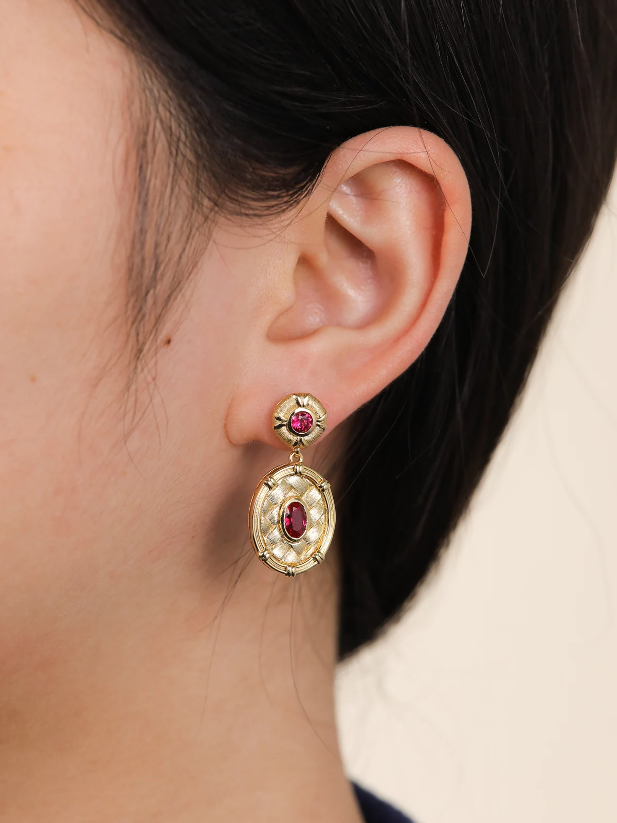 TYYL Vintage Court Golden Drop Earrings for Women Created Ruby Earring with Stones Gold Woven Design Wedding Bridal Jewelry New