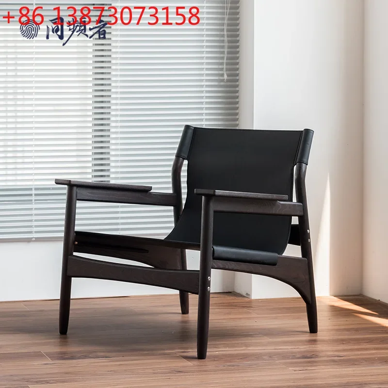 

Japanese-style solid wood leisure chair household living room armrest backed by canvas reading single sofa chair