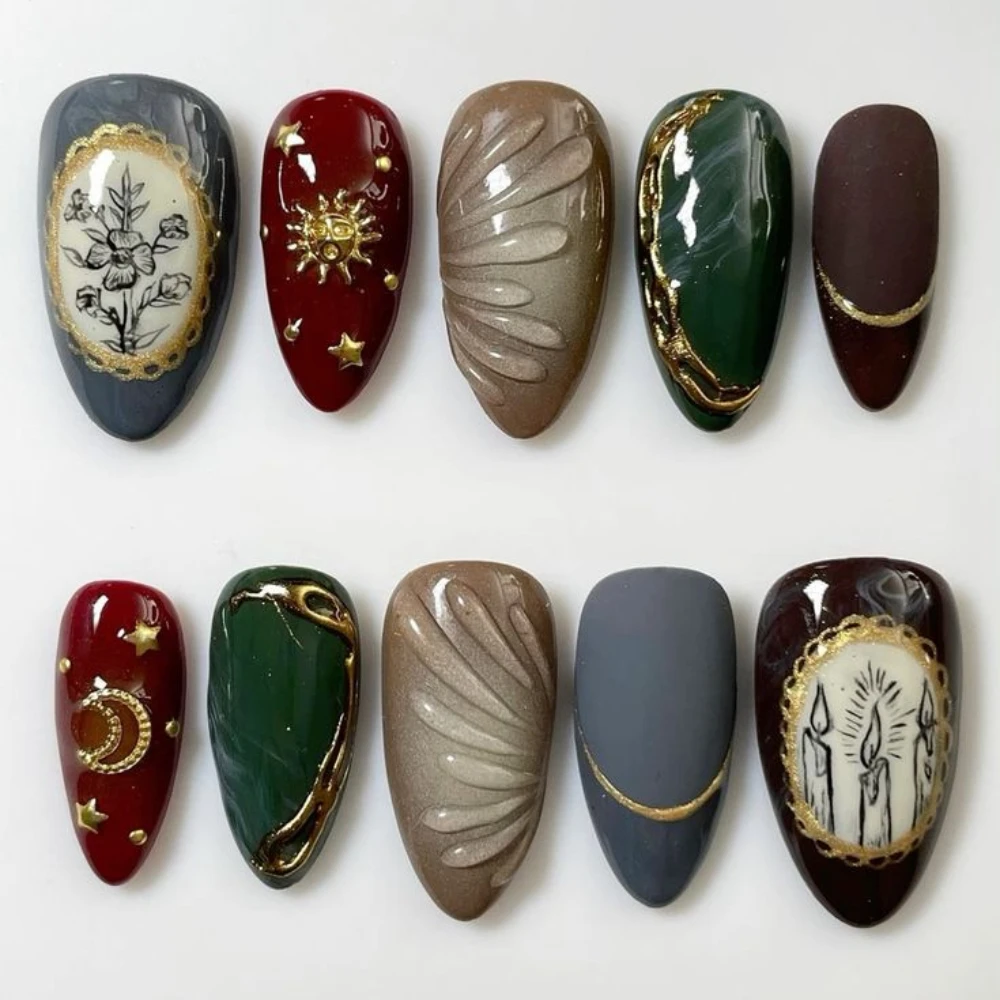 Faux ongles réutilisables en forme d'amande moyenne, manucure artificielle, couverture complète, nail art 3D avec ensemble, fait à la main, nouveau rouge français, N64.