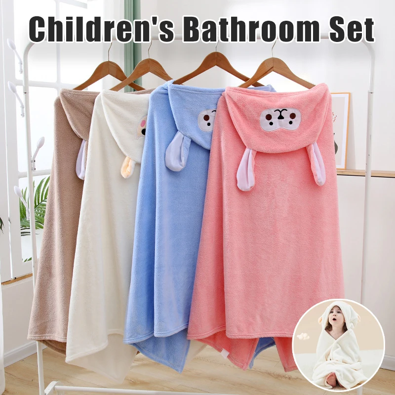 Children Coral Fleece Hooded Bath Towel Super Absorbent Quick Dry Soft Cartoon Cape Towel For Baby Bathroom