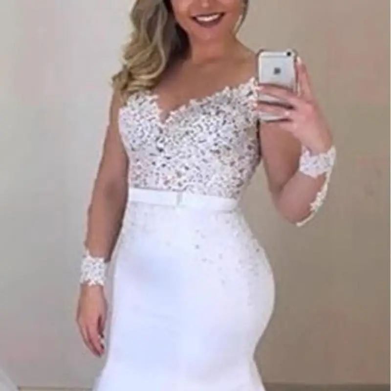 Franse trouwjurk met lange mouwen V-hals kanten mouwen Bruidsrugloze welkomstjurk Kleine sleepjurk op maat