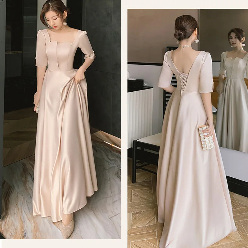 4 Styles Satin Solid Bridesmaid Dress Women Elegant Floor Length Slim Fit Spliced Tulle Puff Sleeve Wedding Party Guest Vestido