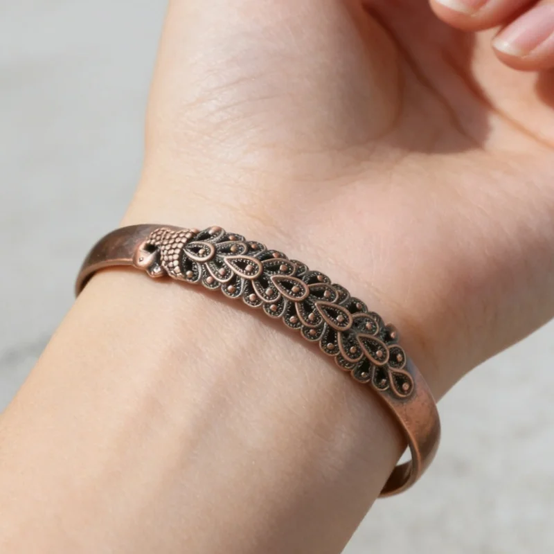 Vintage Peacock Design Pure Copper Magnetic Therapy Bracelet Adjustable Open Bangle for Women Health Energy Wedding Anniversary