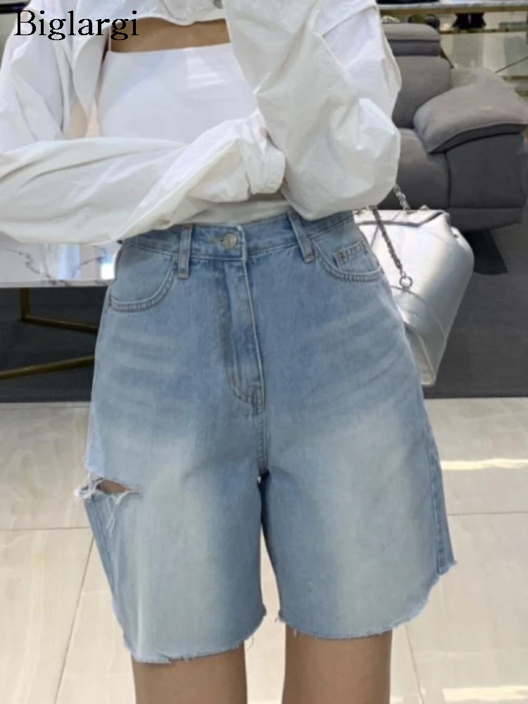

Jeans High Waist Summer Mini Denim Shorts Women Retro Modis Hole Ladies Trousers Wide Leg Loose Pleated Korean Style Woman Short