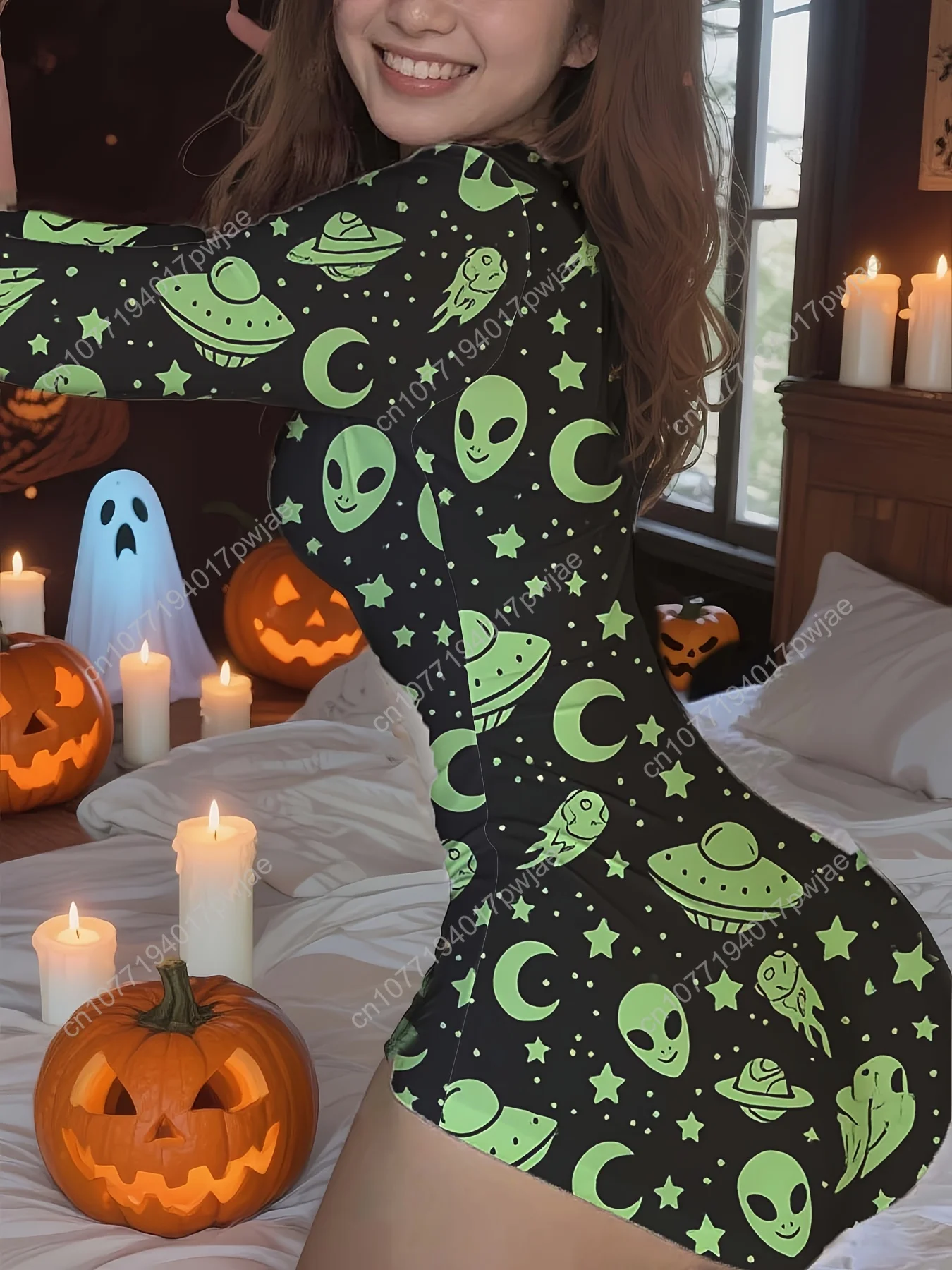Combinaison sexy décontractée pour femmes d'Halloween, avec imprimé vaisseau spatial extraterrestre noir et vert, manches longues confortables, conçue pour Th