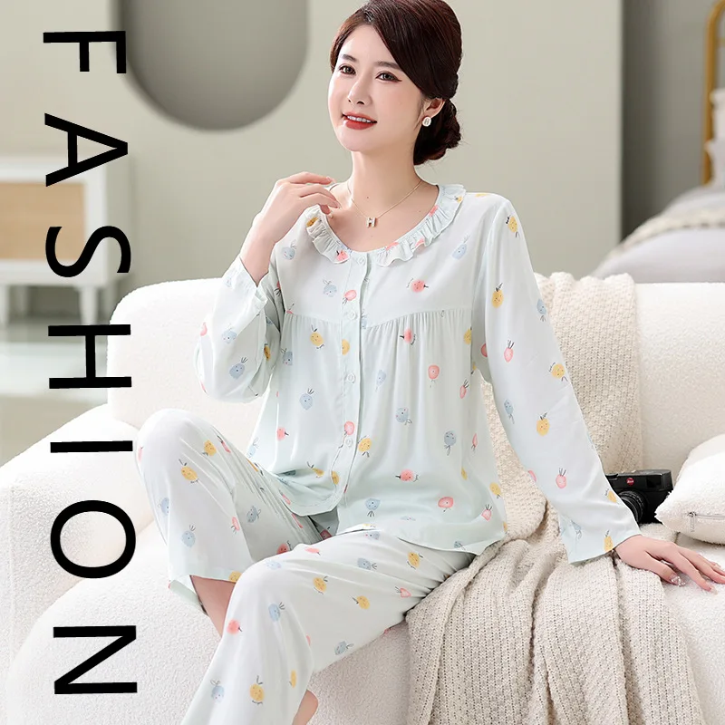 

Cotton and silk suit women's spring and autumn long-sleeved cardigan pajamas summer thin cotton silk sweet mother loungewear wom