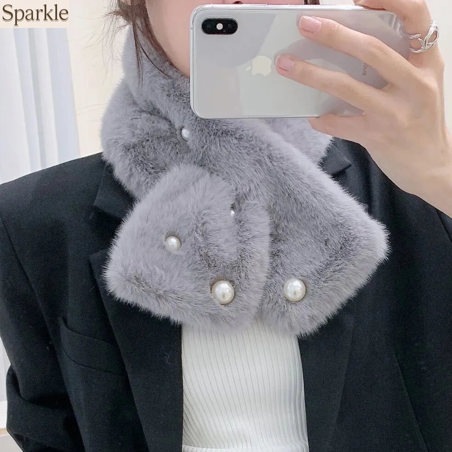 

Women's Warm Faux Fur Scarf with Pearl Decor Fluffy Winter Neck Wrap Fashion Accessory for Cold Weather