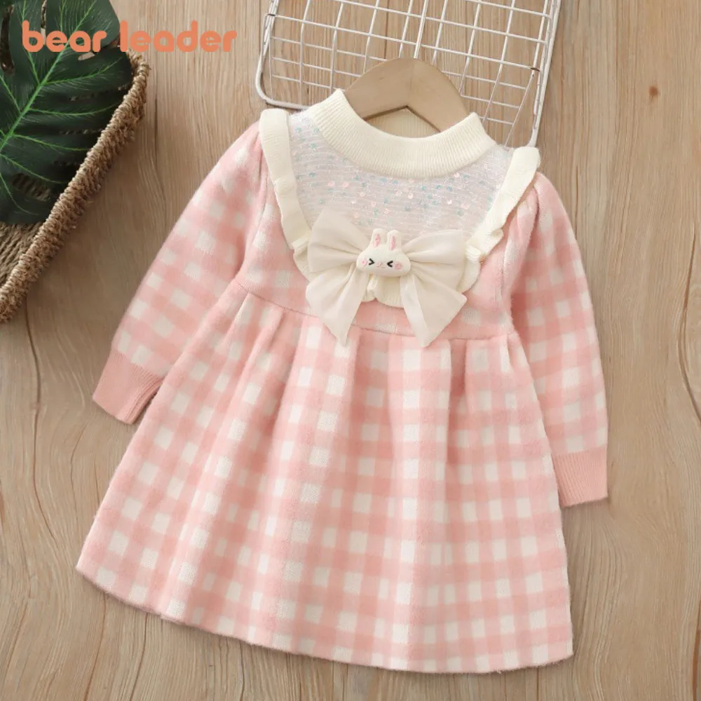 

Осенне-зимнее милое платье с сетчатым бантом и медведем для маленьких девочек, клетчатый свитер с длинными рукавами и блестками, детская одежда