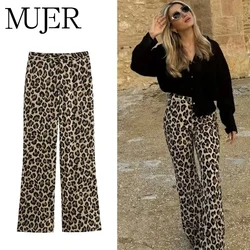 MUJER Leopard Print Pants for Women Fashion High Waist Women's Pants Vintage Straight Leg Pants Woman Streetwear Womens Trousers
