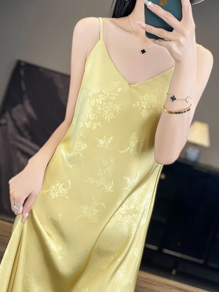 Ele Acetate Satin Embroidered Chiffon Women's Dr A-Line Midi Skirt Casual Office Wear V-Ne Svel Inner Wear