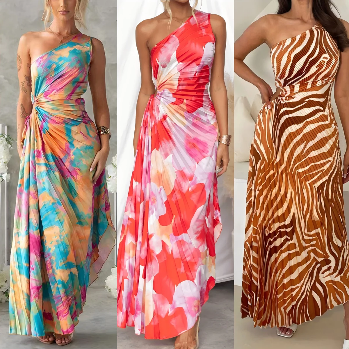 2025 One Shoulder Printed Dress for Women Sleeveless Drawstring Waist Ruched Detail Holiday Boho Beachwear Casual Summer Outfit