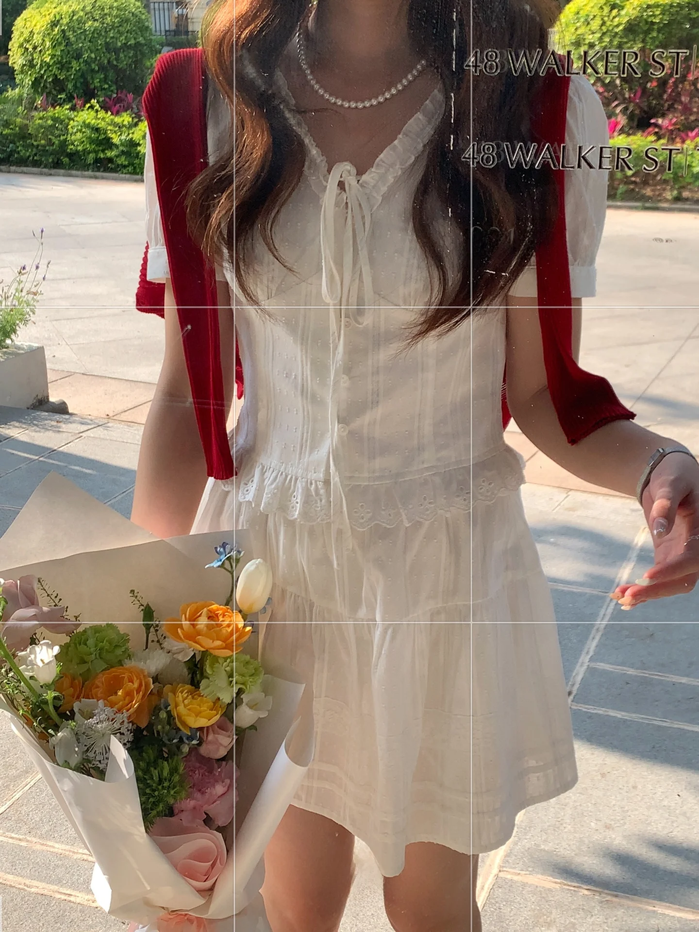 

Elegant White Two-Piece Set Gentle Whispers Korean Style Bubble Sleeve Short Shirt High Waist Skirt Breathable Cotton Blend