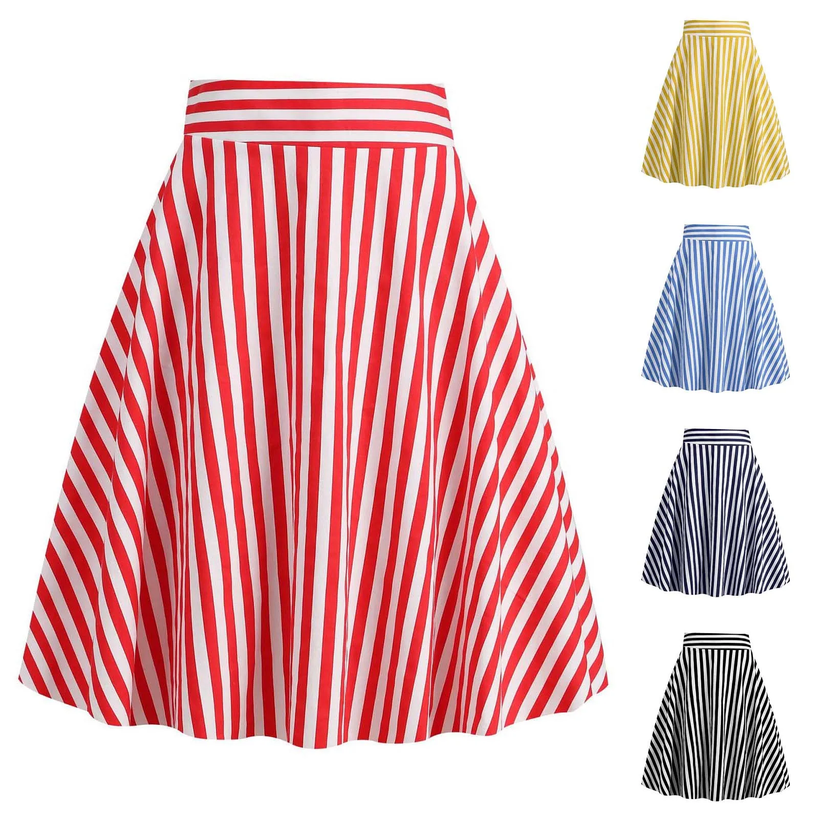 Summer Vintage Striped Knee Length Women\'s Skirt High Waist Red Yellow Blue Black 50s 60s A Line Swing Casual Party Skirts