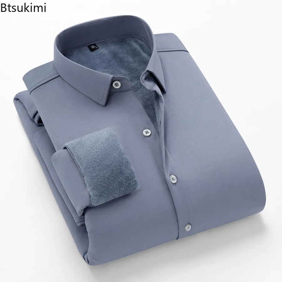 

Осень-зима 2026, мужские терморубашки на флисовой подкладке, модные однотонные утолщенные рубашки с длинными рукавами, мужские повседневные деловые классические рубашки