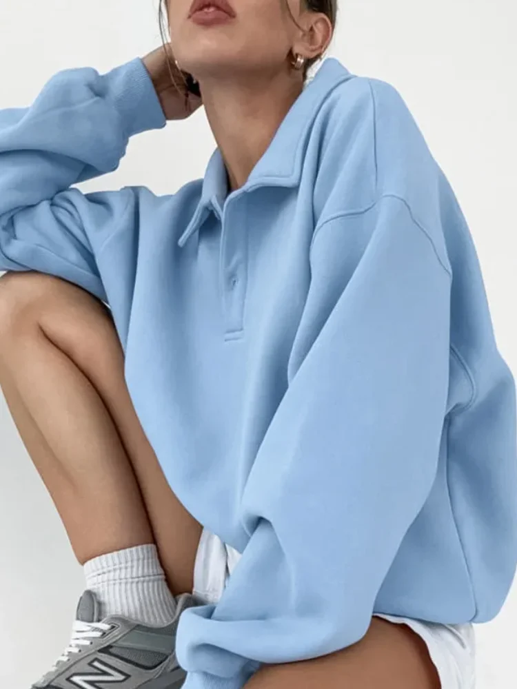 

Casual Solid Polo Sweatshirt Women Fashion Lapel Long Sleeve Loose Crop Shirts 2026 Spring New Daily Commute Street Sweatshirts