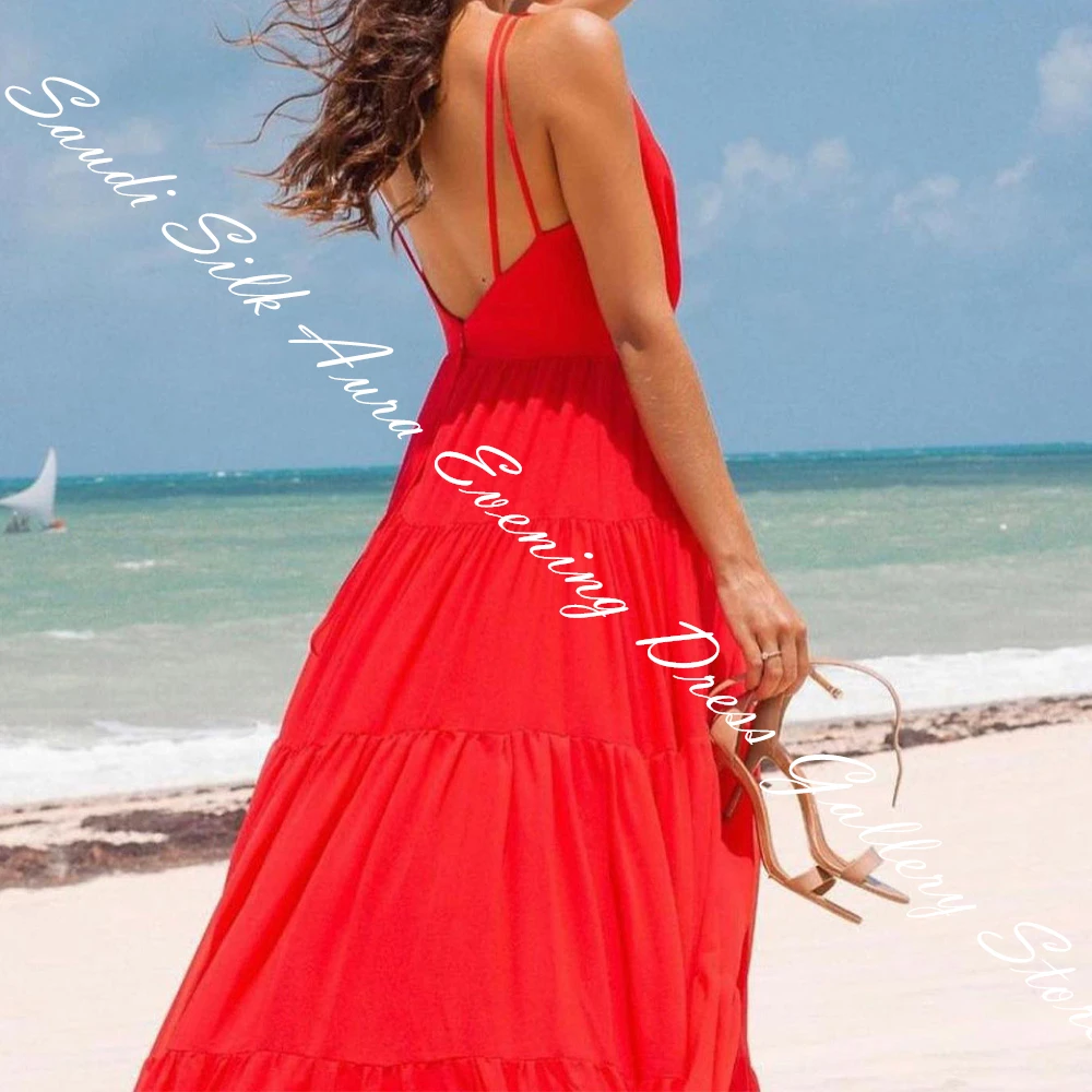 Customized Spaghetti Straps Sleeveless Chiffon V-Neck Floor Length A-Line Evening Dress Panel Train Zipper Back Fashion Solid Co