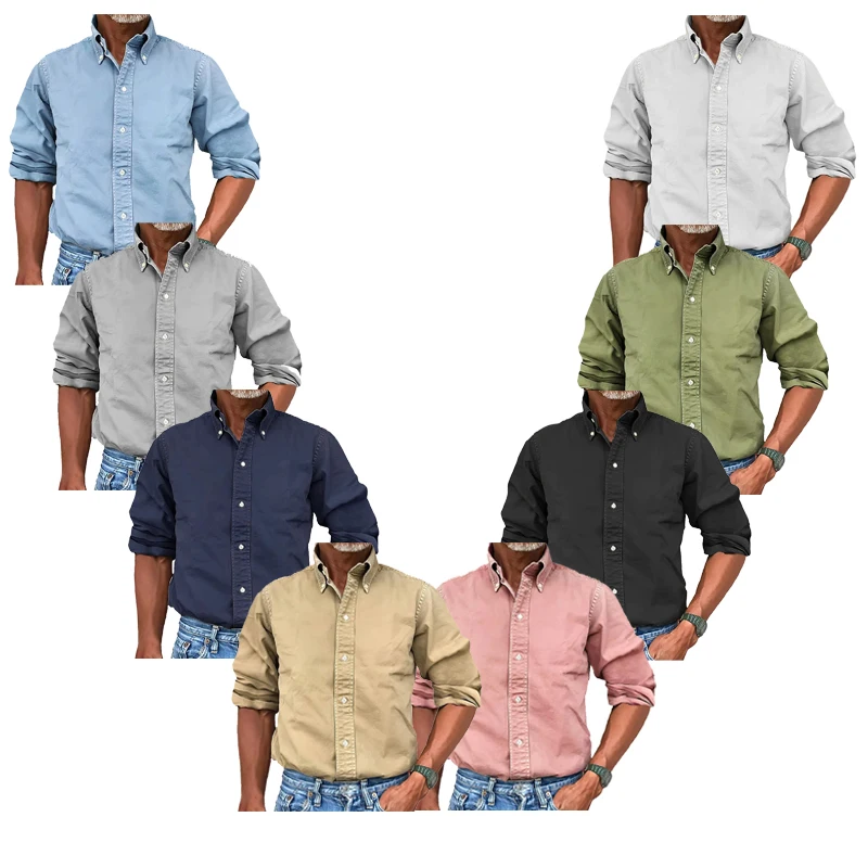 Men\'s Soild Oxford Long Sleeve Tee Shirt Youth Leisure Slim Fit Korean Fashion Blouse Luxury Elegant Shirts For Men Clothing