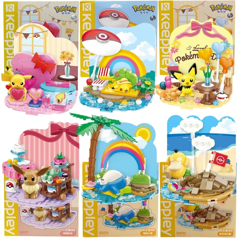 Original Pokémon Beach Party Theme Building Blocks Toys Pikachu Eevee Snorlax Pichu Figure Assemble Model Kids Puzzle Block Toys
