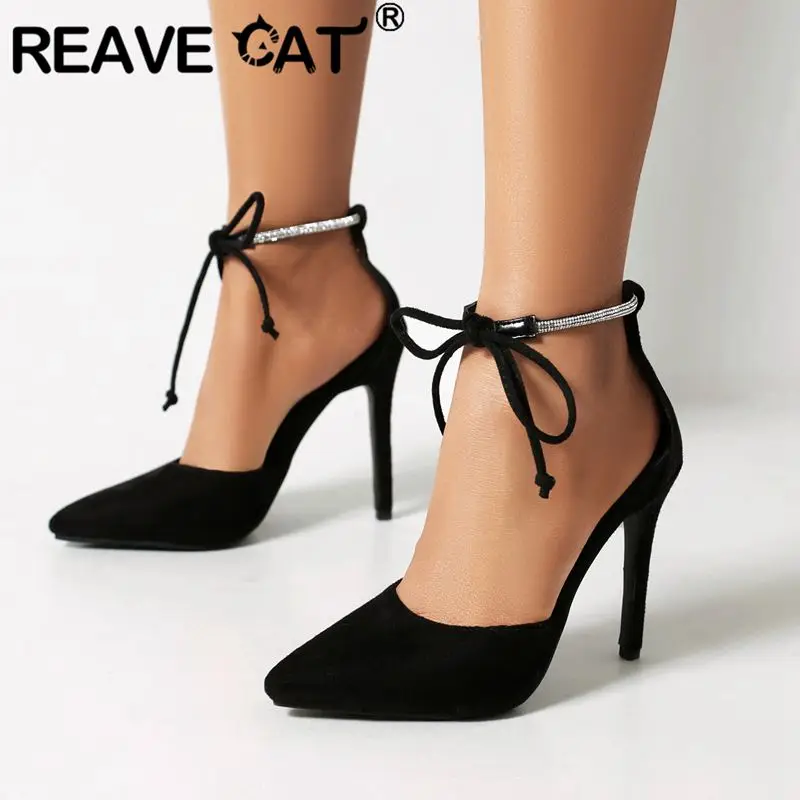 REAVE CAT Sexy Women Pumps Pointed Toe Stiletto Flock Suede Lace Up Bowknot Size 41 42 43 Fashion Party Lady Shoes