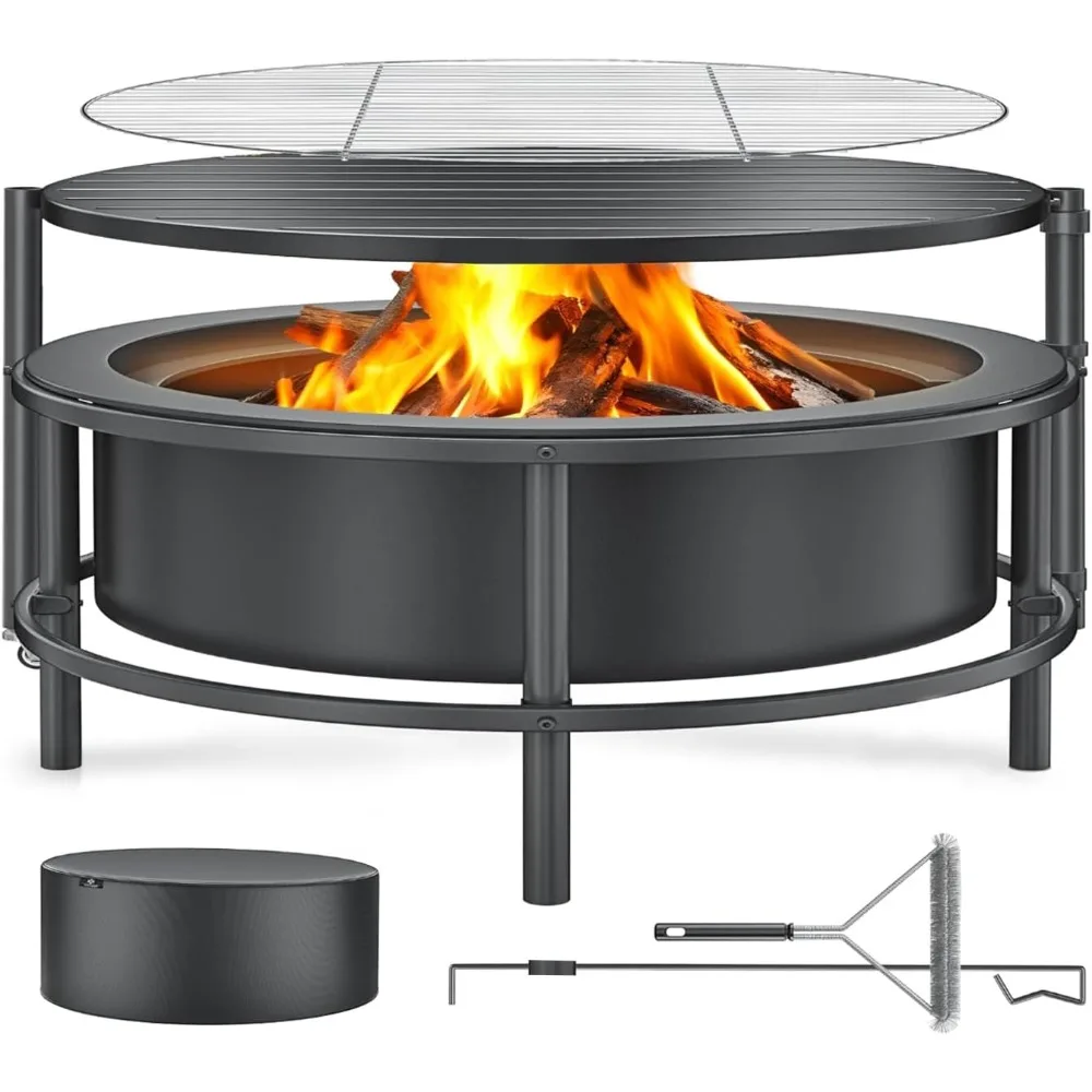 

Rotating Table Outdoor Wood Burning Fire Pit, 52 Multipurpose with Grill Grate, Poker, and Waterproof Cover