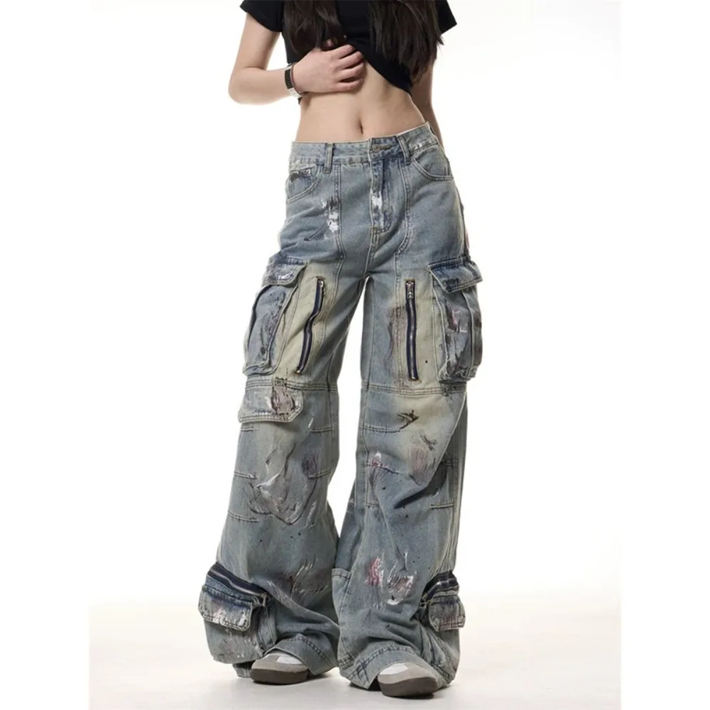 TWOTWINSTYLE Blauw Gesplitste Zak vrouwen Wijde Pijpen Broek Hoge Taille Retro Hot Girl Ontwerp Gevoel Jeans Vrouwelijke Zomer Nieuwe Mode