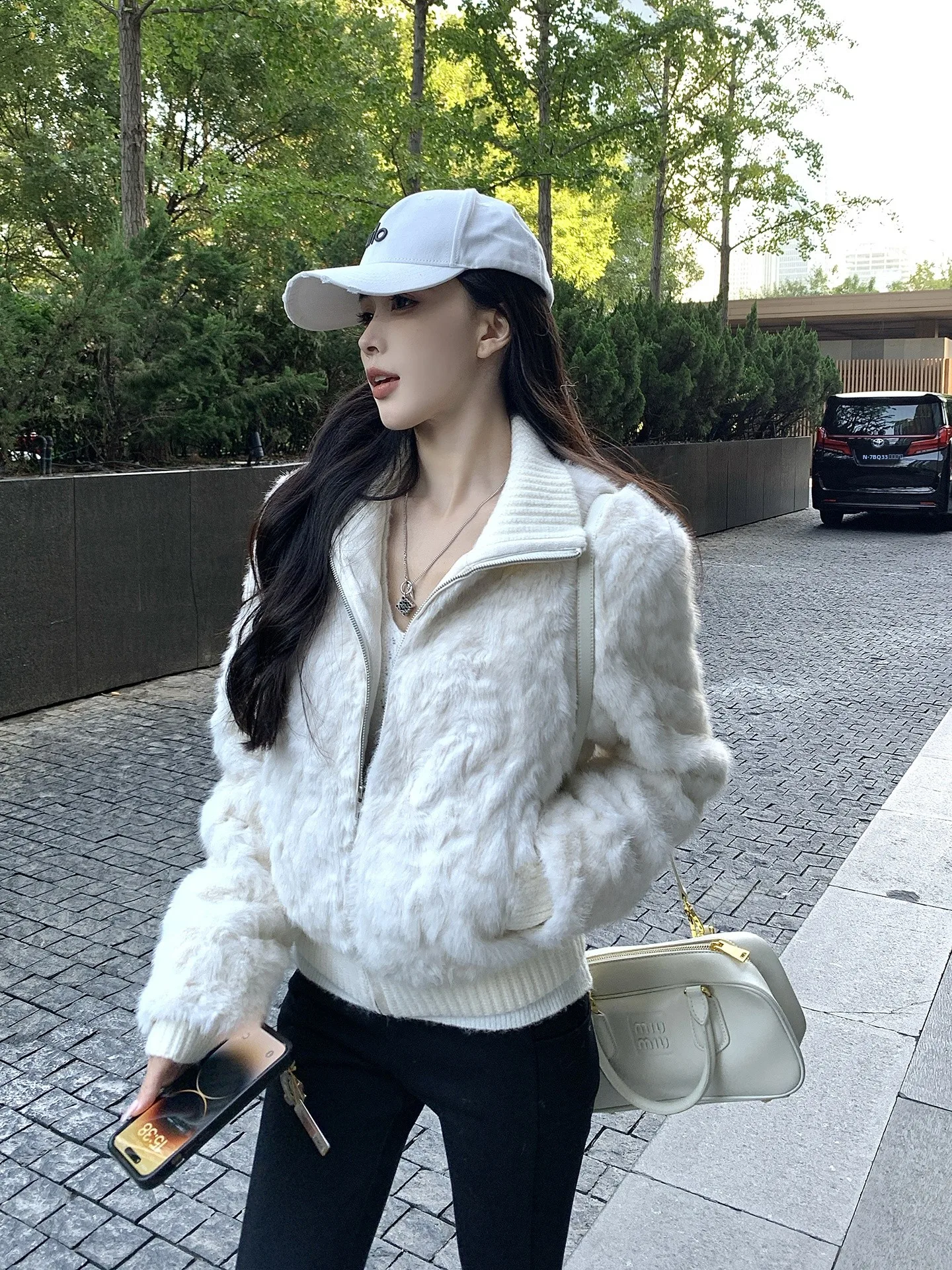 Jaqueta Branca de Pelúcia Versão Jovem, Acolchoada e Quente, com Forro de Pelo, He Chenxi, Casual, Ajuste Slim, Fibra de Poliéster, com Zíper