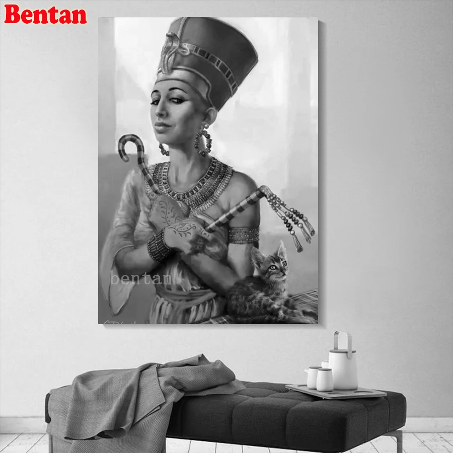 5D Diy Diamond Painting Egypt queen cat black and white art Mosaic Diamond Crystal Painting Full Square Round Diamond Embroidery