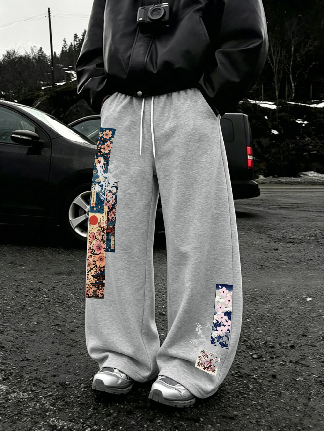 Men Harajuku Wide Leg Jogger Pants, Dual-Leg Japanese Ukiyo-e Cherry Blossom Torii PagodaMountFujiPrintDrawstringBaggyStreetwear