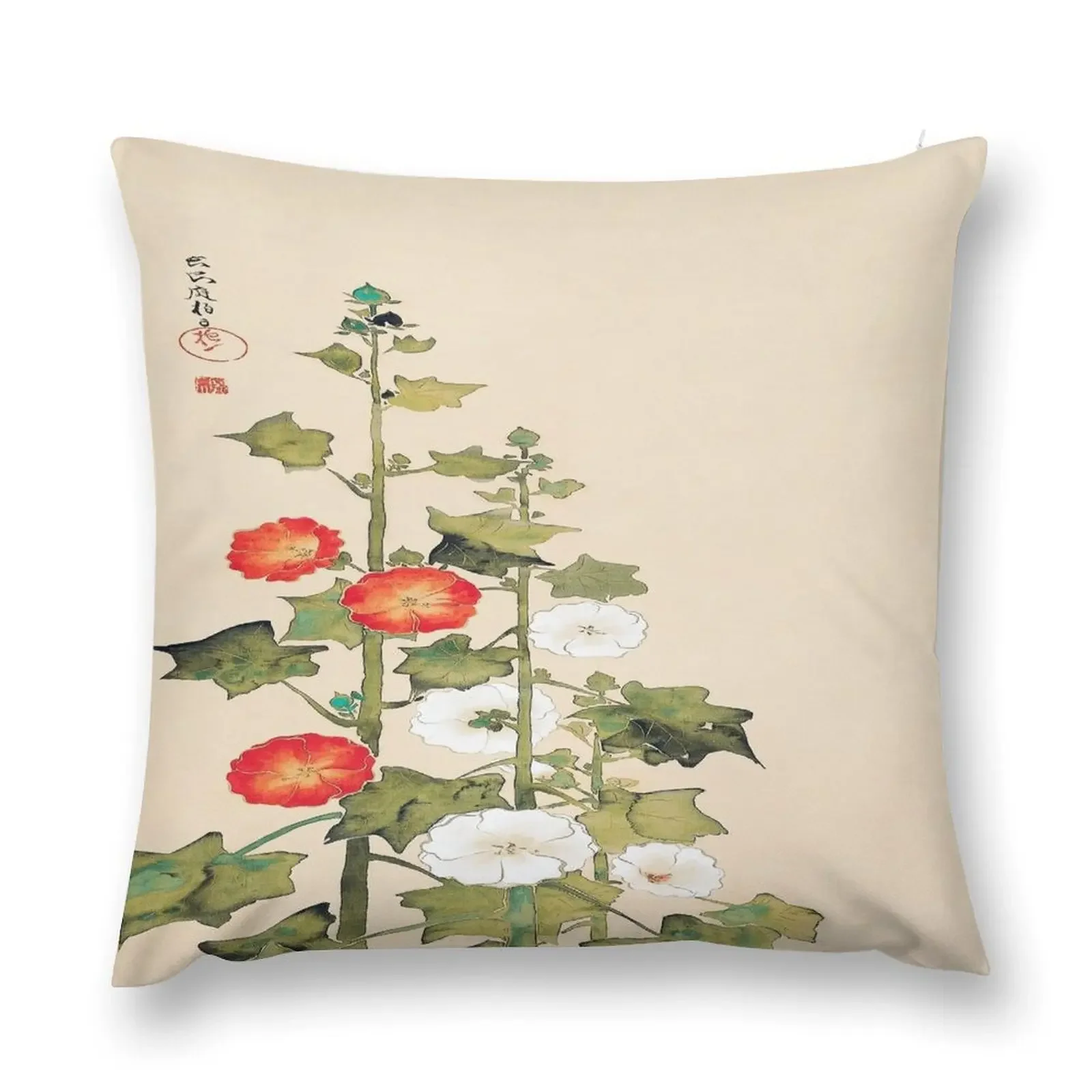 Japanese hollyhock flowers vintage painting by Sakai Hoitsu-Vintage botanical art Throw Pillow pillow cover christmas pillow