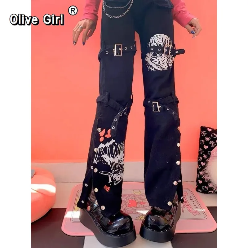 

Джинсы Olivegirl в стиле панк, европейско-американские крутые брюки Y2K, джинсовые брюки Hotsweet Girl High Street, универсальные прямые брюки, темно-черные