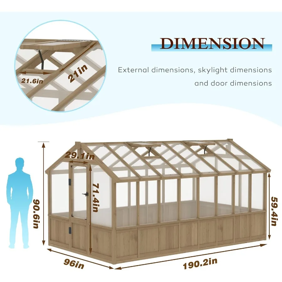 Feet Wooden Greenhouse for Outdoor, Heavy Duty Greenhouse Kit with Window Vent and Lockable Door, Walk-in Green Houses for Pati