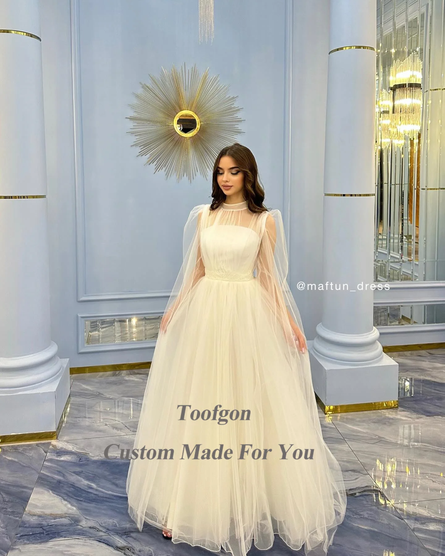 Toofgon A Line Tulle Saudi Arabia Wedding Dresses High Neck Long Sleeves Formal Prom Party Bride Dress Bridal Gowns 2024