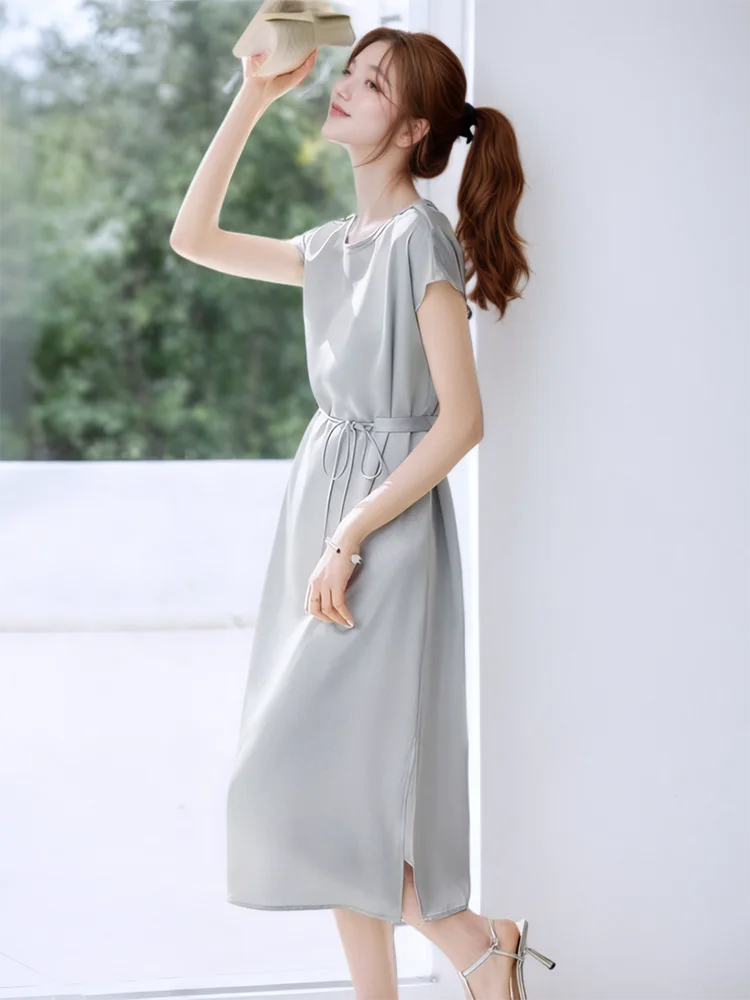 Women Solid Satin Luxury Party Evening Dress Summer Short Sleeve Bow Bandage Loose Dress 2025 Korean Fashion Elegant Party Dress