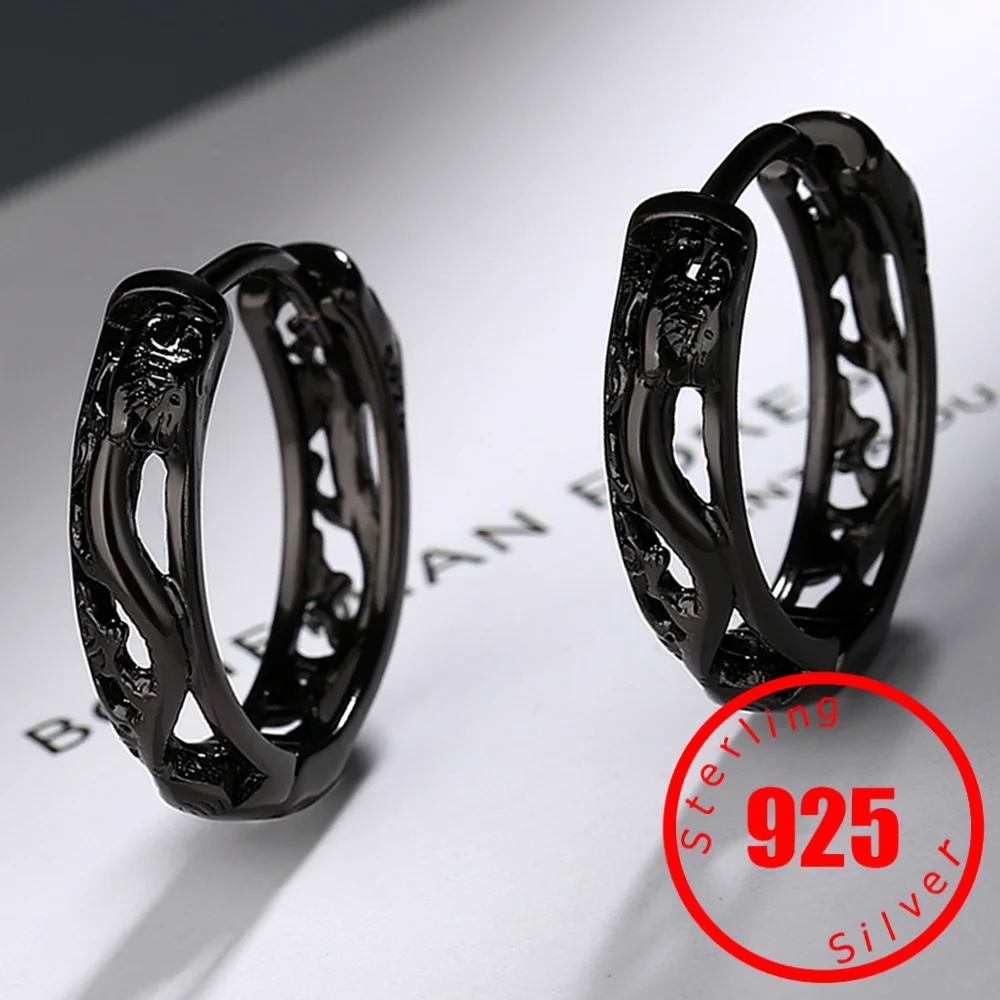 Vintage Stamp 925 Sterling Silver 14mm Big Round Black Hollow Women Men stud Earrings Simple Fashion Design Jewelry New