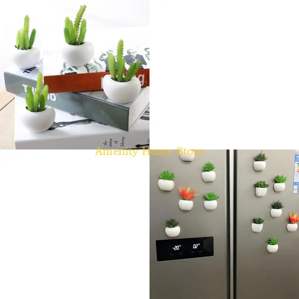 F26C Simulation Plant Refrigerator Sticker Mini Bonsai Succulent Magnet Label for Home Kitchen Fridge Plants Decal Decor
