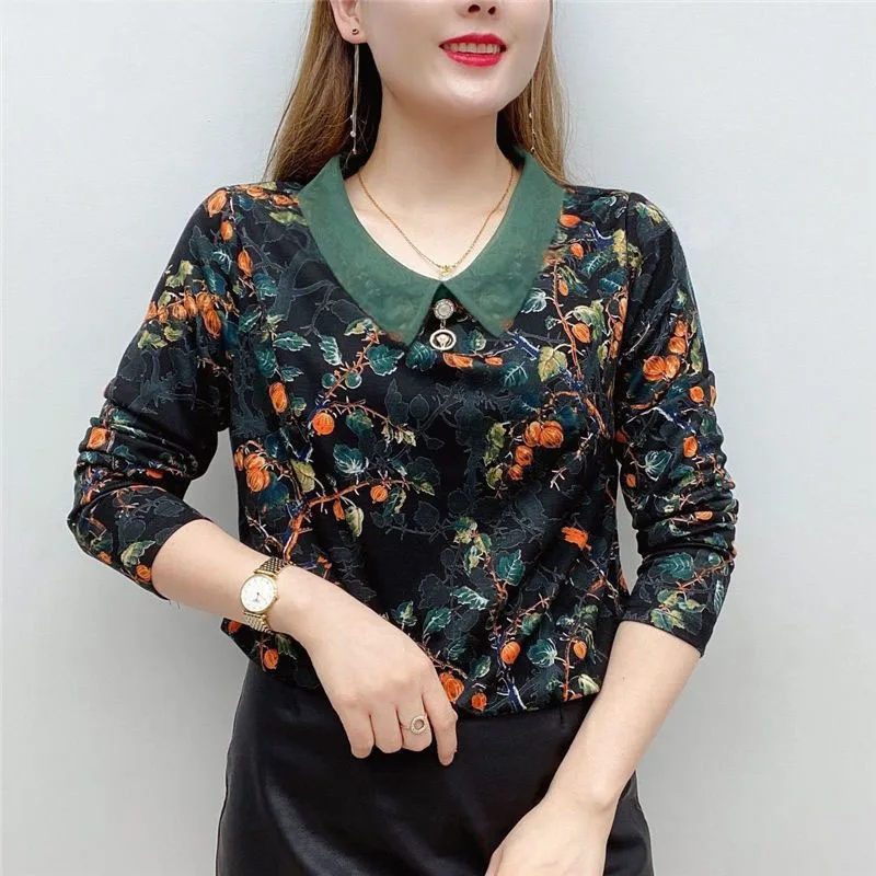 Women's Pullover Doll Neck Gauze Printing Autumn and Winter Slim Long Sleeve Three-dimensional Decorati Fashion T-shirt Tops