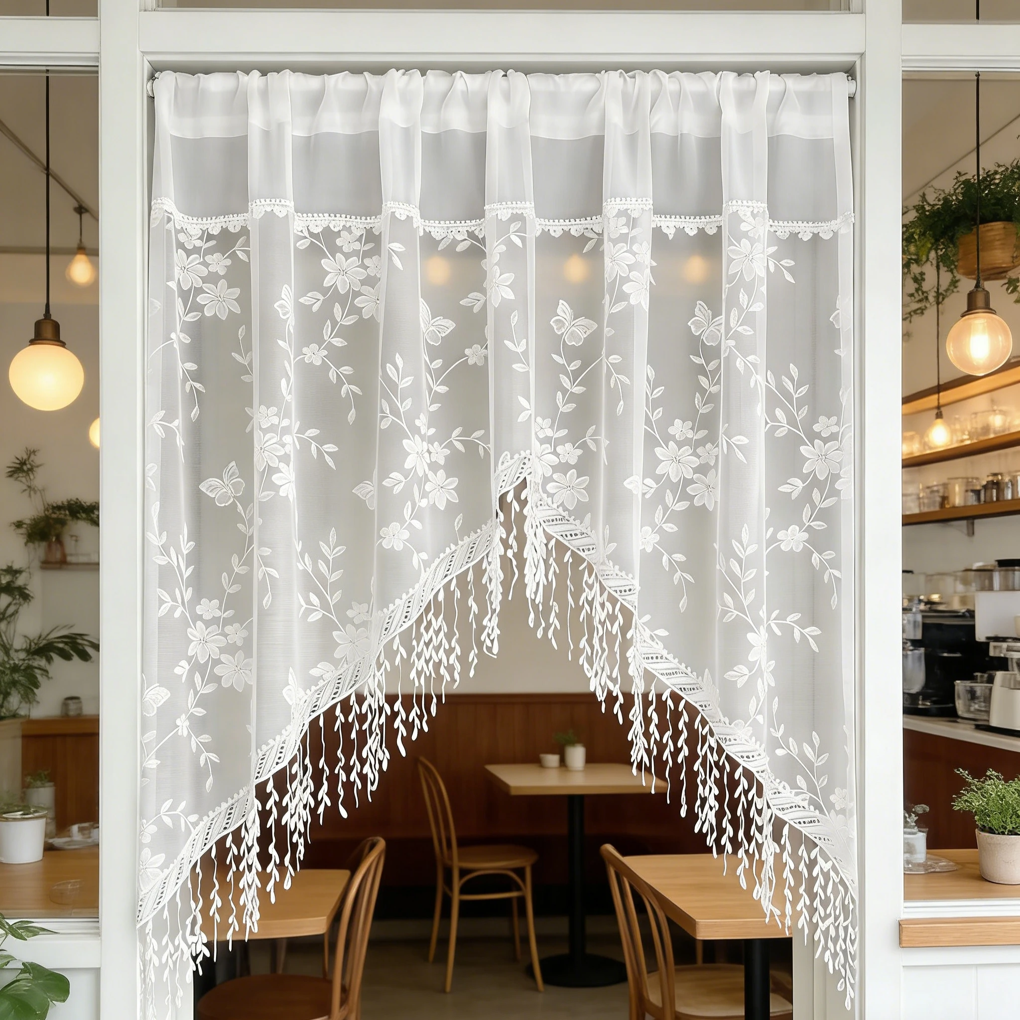Floral Embroidered Sheer Lace Curtain with Tassel Voile Valance for Kitchen Cabinet Small Window, French Country Half Curtain