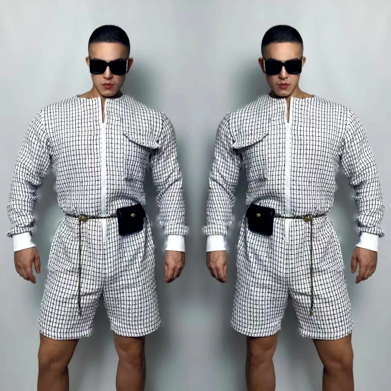 Nachtclub Bar Ds Bühnenkostüme Tweed Einteilige Tooling Bodys Männer und Frauen Gogo Leading Dance Wear