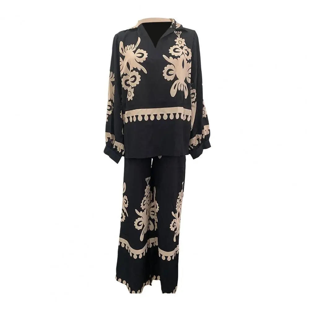 V Neck Blouse Pants Set Retro Print Women's Top Pants Set with Irregular Design Long Sleeve Blouse Wide Leg Trousers for Daily
