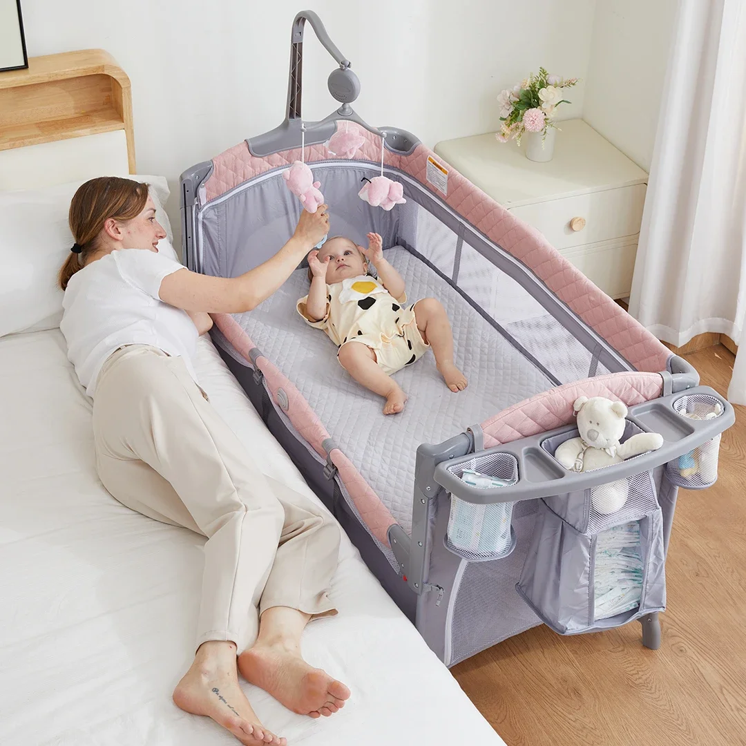 

Cheap Hot selling OEM adjustable baby travel folding bed bedside bed crib side bed with wheels and diaper table for 0-3years