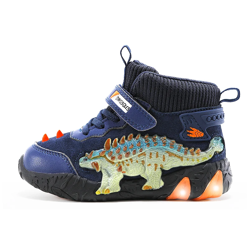 EXDINO Children's LED Dinosaur Autumn Winter Boys Genuine Leather Shoes Little Kids ankylosaur Light Up Casual Glowing Sneakers