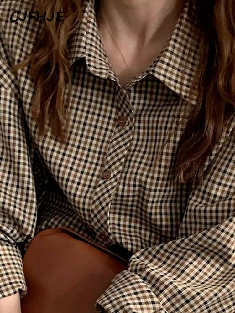 Vintage Simple Elegant Female Long Sleeve Preppy Style Tops Shirt Women Brown Plaid All-match Turn-down Collar Wooden-Buttons