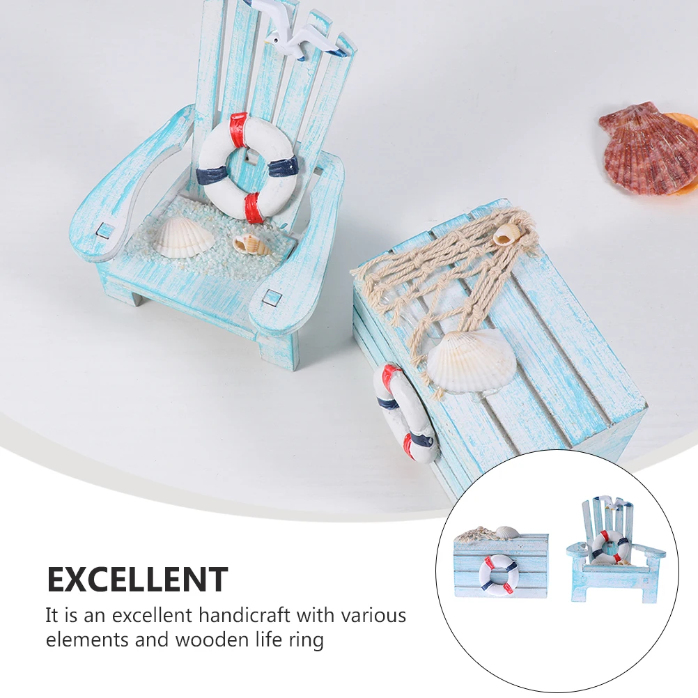 

2PCS Mini Chair Ornament Beach Style Natural Wood Beach Chair Ornaments Craft Mini Furniture Home Decor Summer