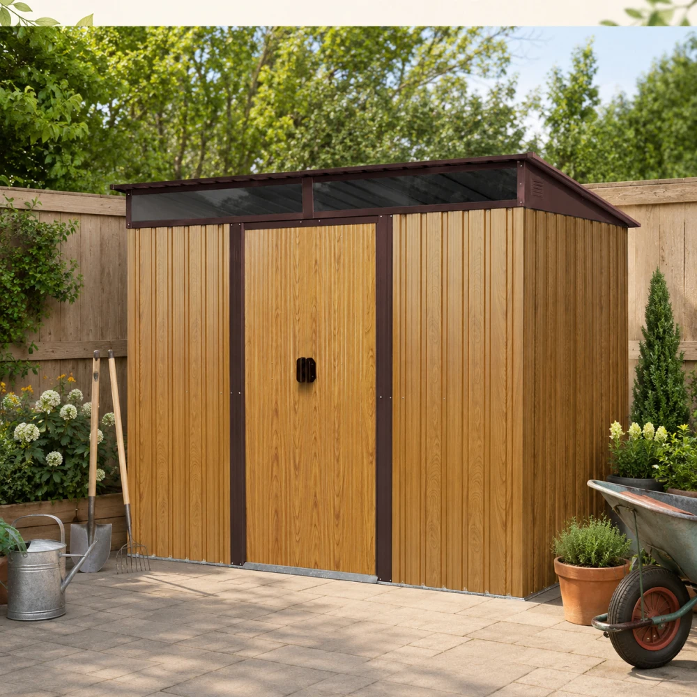 8ft x 6ft Outdoor Metal Storage with Lockable Sliding Doors and Transparent plate for Garden, Lawn (Coffee)(W540P185316)