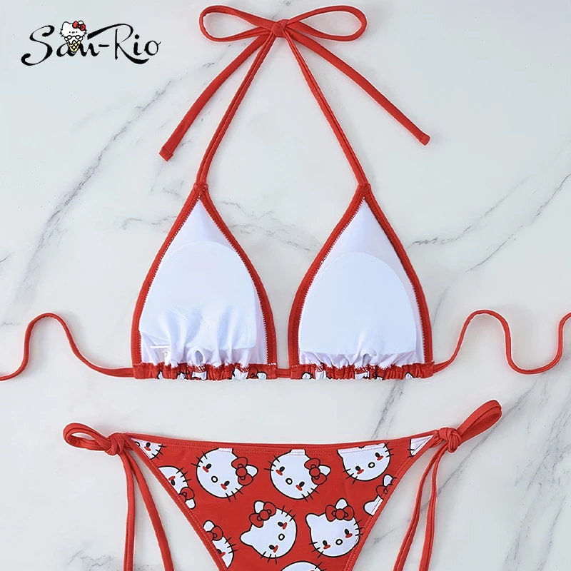 

Sanrio Hello Kitty Bikini Cartoon Lingerie Girl Bikinis Summer Beach Getaways Swimsuit Set Woman Underwear Red Small Bust Bra